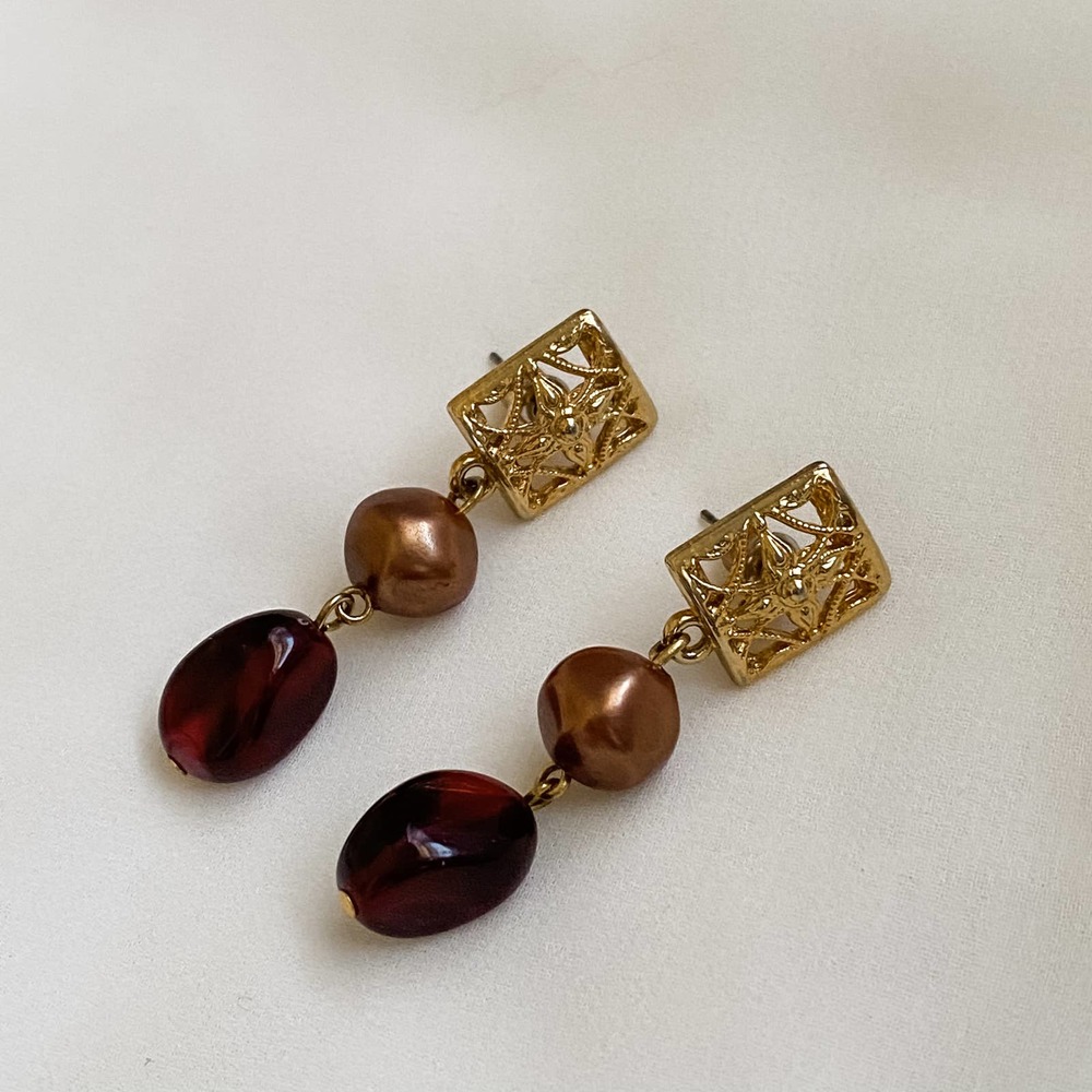 Vtg Gold Bronze Burgundy Dangle Earrings